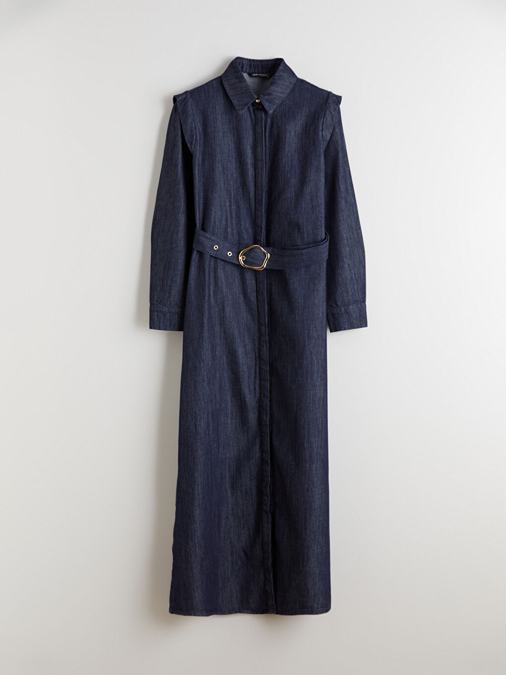 İndigo Gömlek Yaka Kemerli Jean Elbise-4