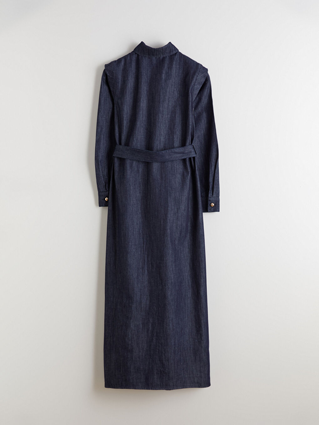 İndigo Gömlek Yaka Kemerli Jean Elbise-5