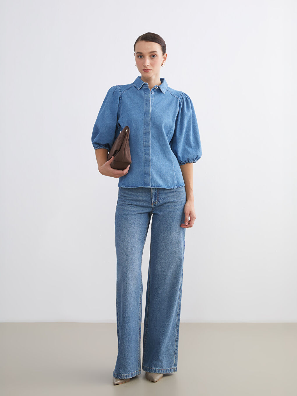 İndigo Balon Kollu Kadın Jean Gömlek-1
