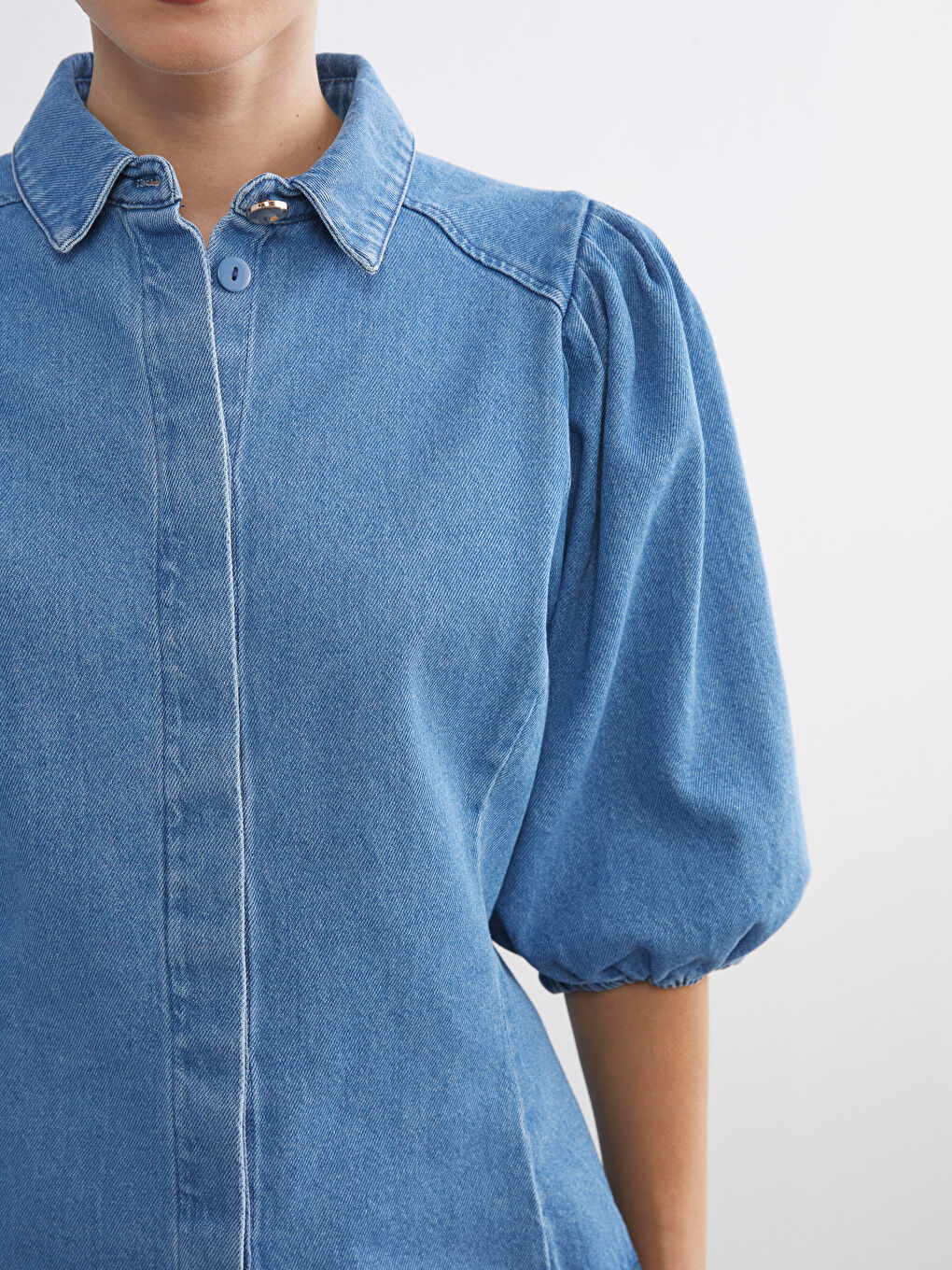 İndigo Balon Kollu Kadın Jean Gömlek-2