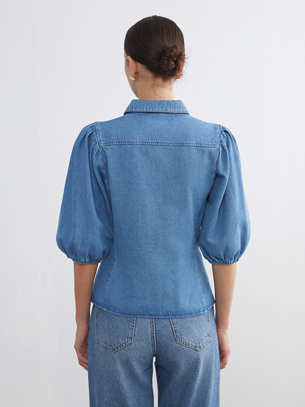 İndigo Balon Kollu Kadın Jean Gömlek-3