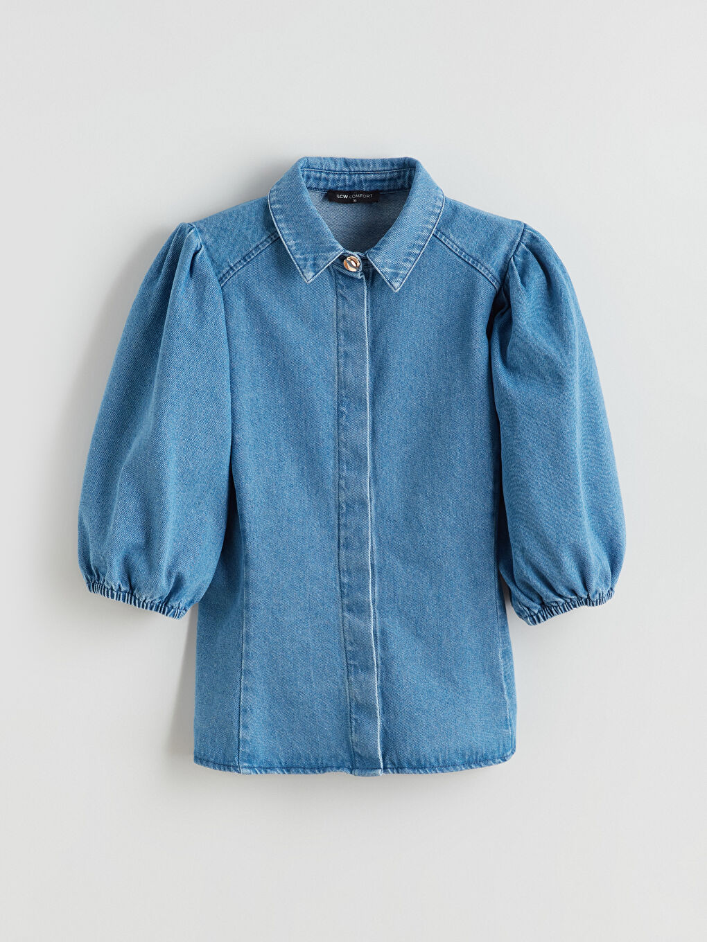 İndigo Balon Kollu Kadın Jean Gömlek-4