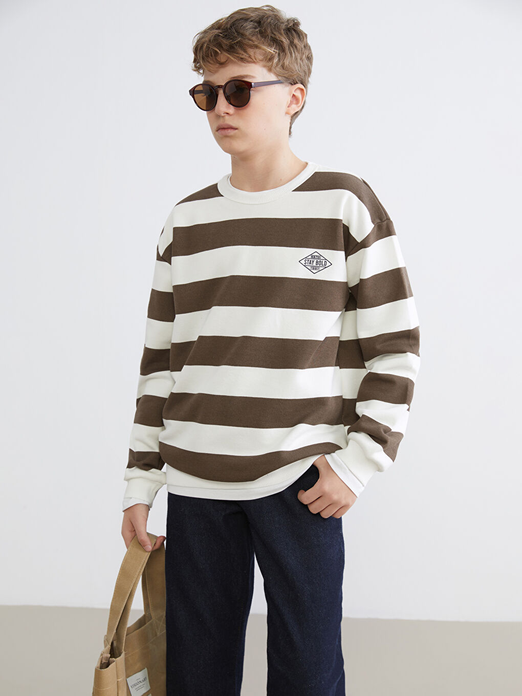 Kahverengi Bisiklet Yaka Erkek Çocuk Kalın Sweatshirt