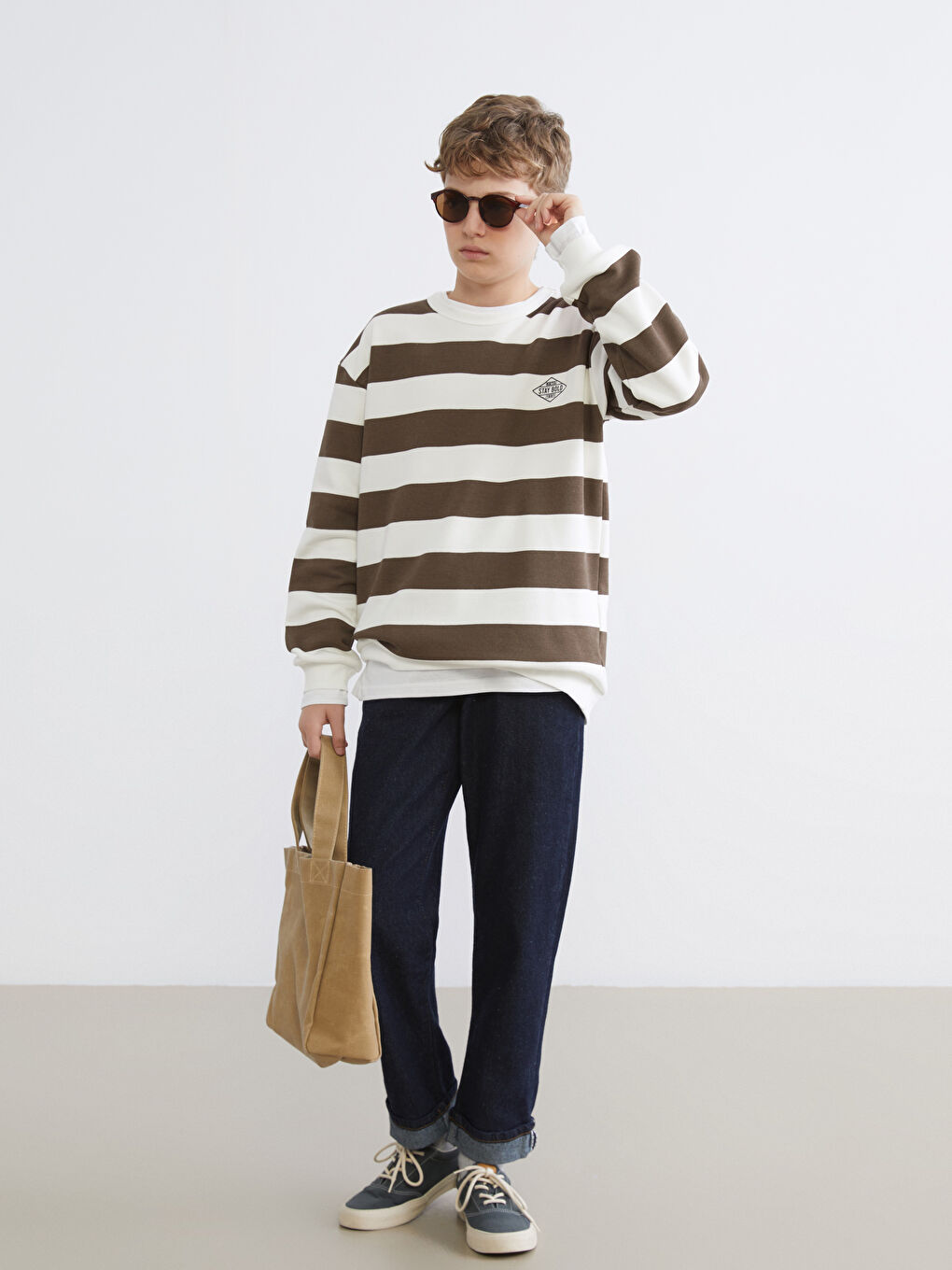 Kahverengi Bisiklet Yaka Erkek Çocuk Kalın Sweatshirt-2