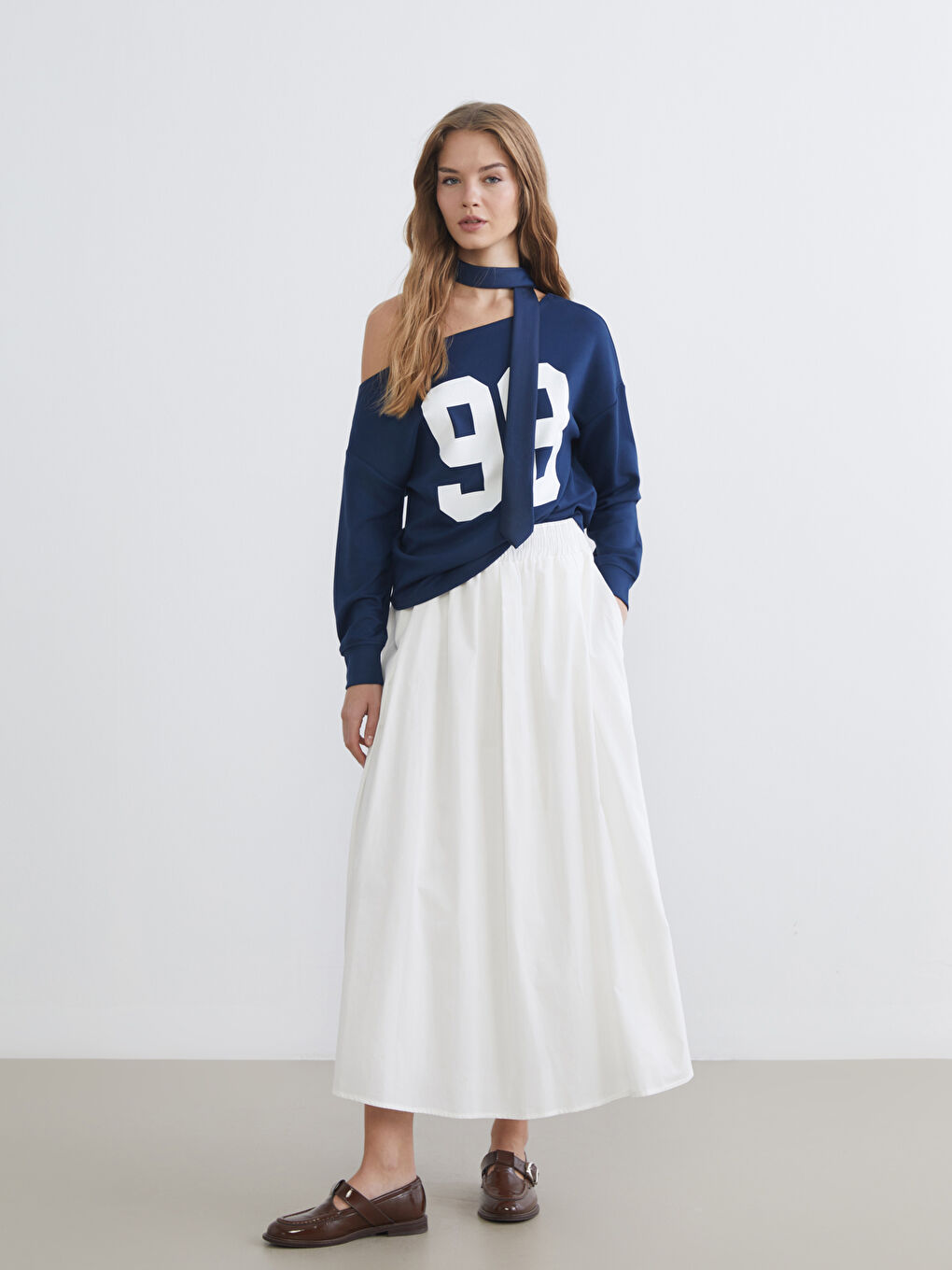 Lacivert Kayık Yaka Kadın Sweatshirt-1