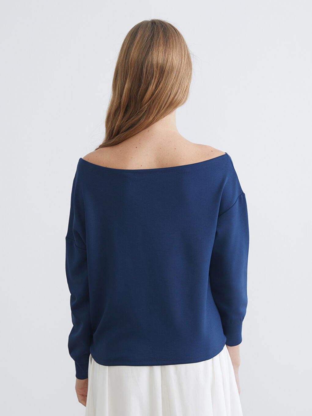 Lacivert Kayık Yaka Kadın Sweatshirt-3