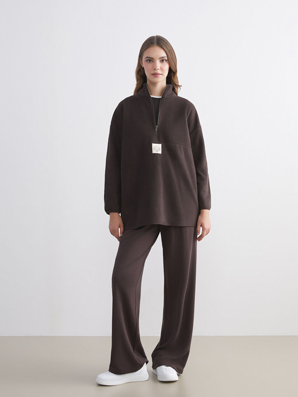 Kahverengi Beli Lastikli Geniş Paça Kadın Eşofman Altı