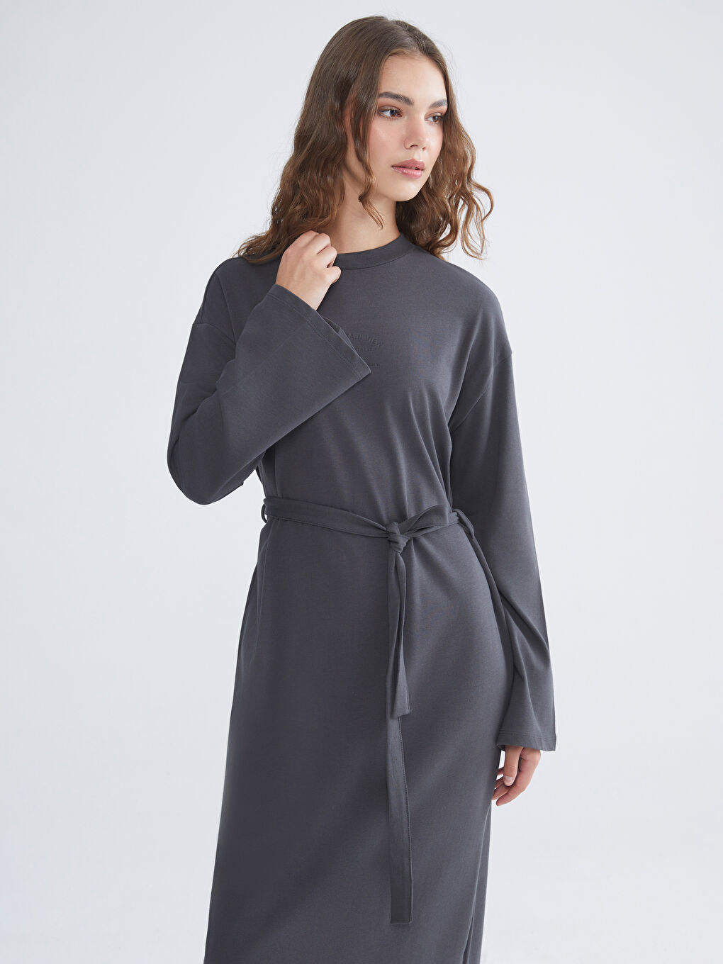 Antrasit Bisiklet Yaka Nakışlı Elbise-1