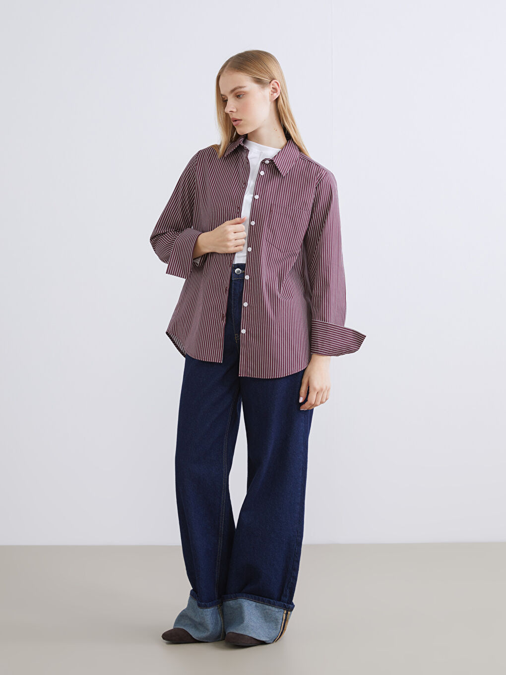 Bordo Çizgili Kadın Gömlek-1