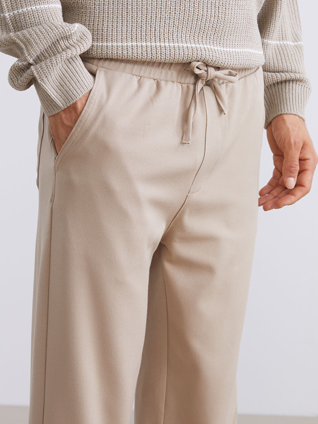 Bej Yandan Cepli Beli Lastikli Erkek Pantolon-2