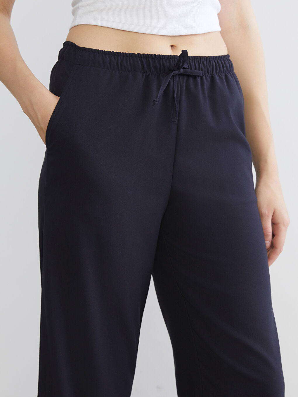 Lacivert Beli Lastikli Geniş Paça Kadın Pantolon-2