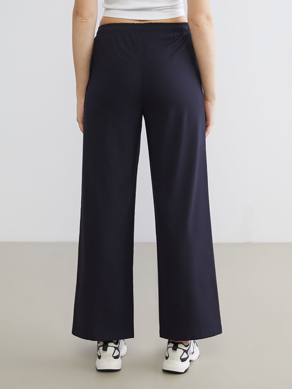 Lacivert Beli Lastikli Geniş Paça Kadın Pantolon-3