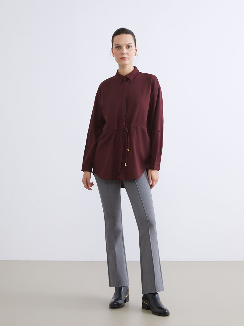 Bordo Beli Bağlamalı Kadın Gömlek Tunik-1