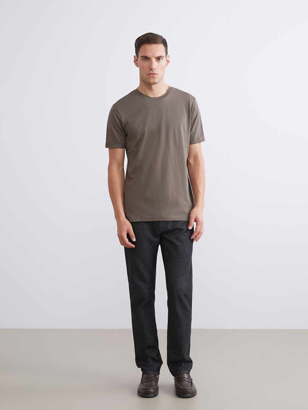 Kahverengi Bisiklet Yaka Penye Erkek Tişört-1