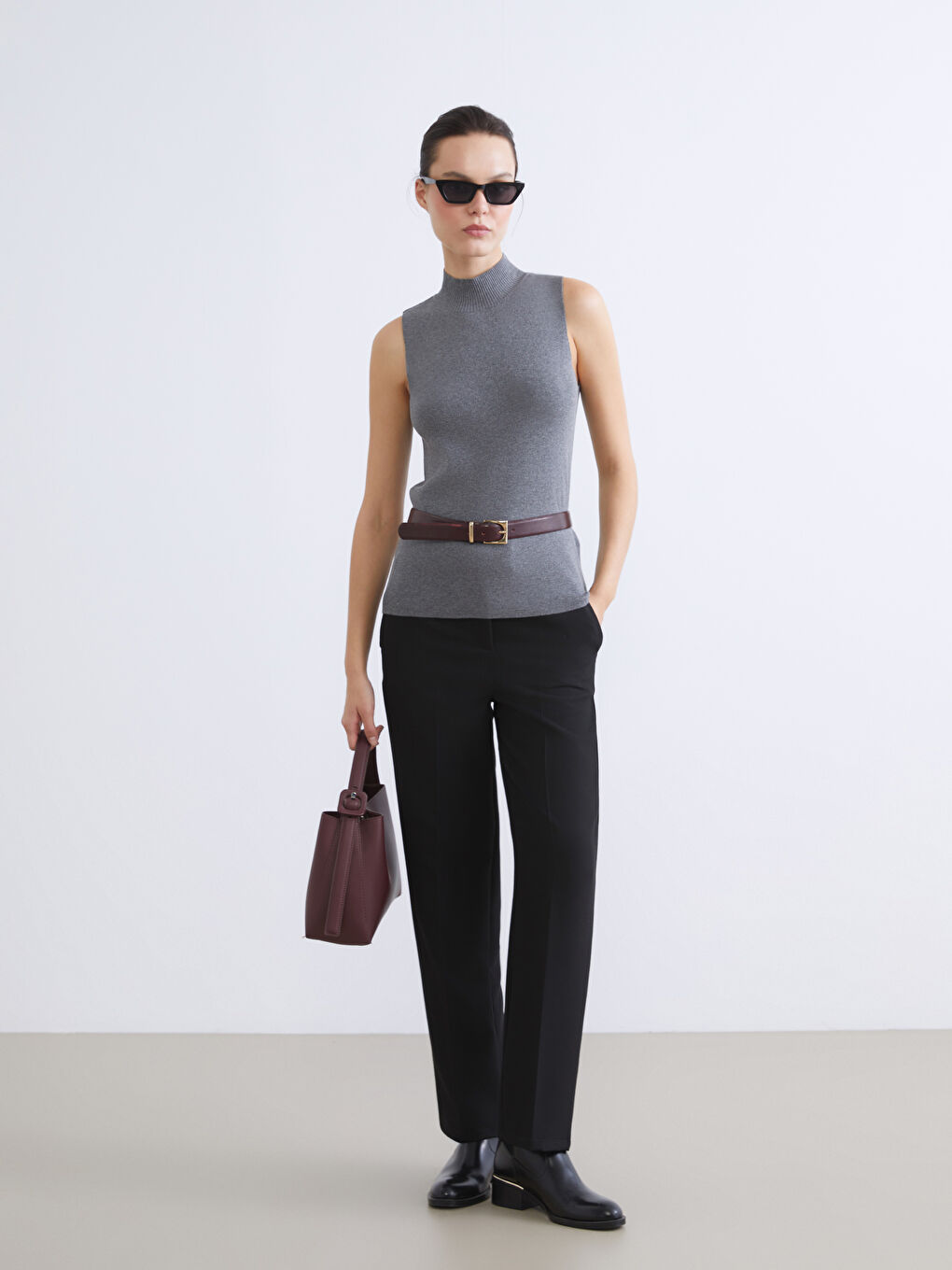 Gri Dik Yaka Kadın Triko Süveter-2