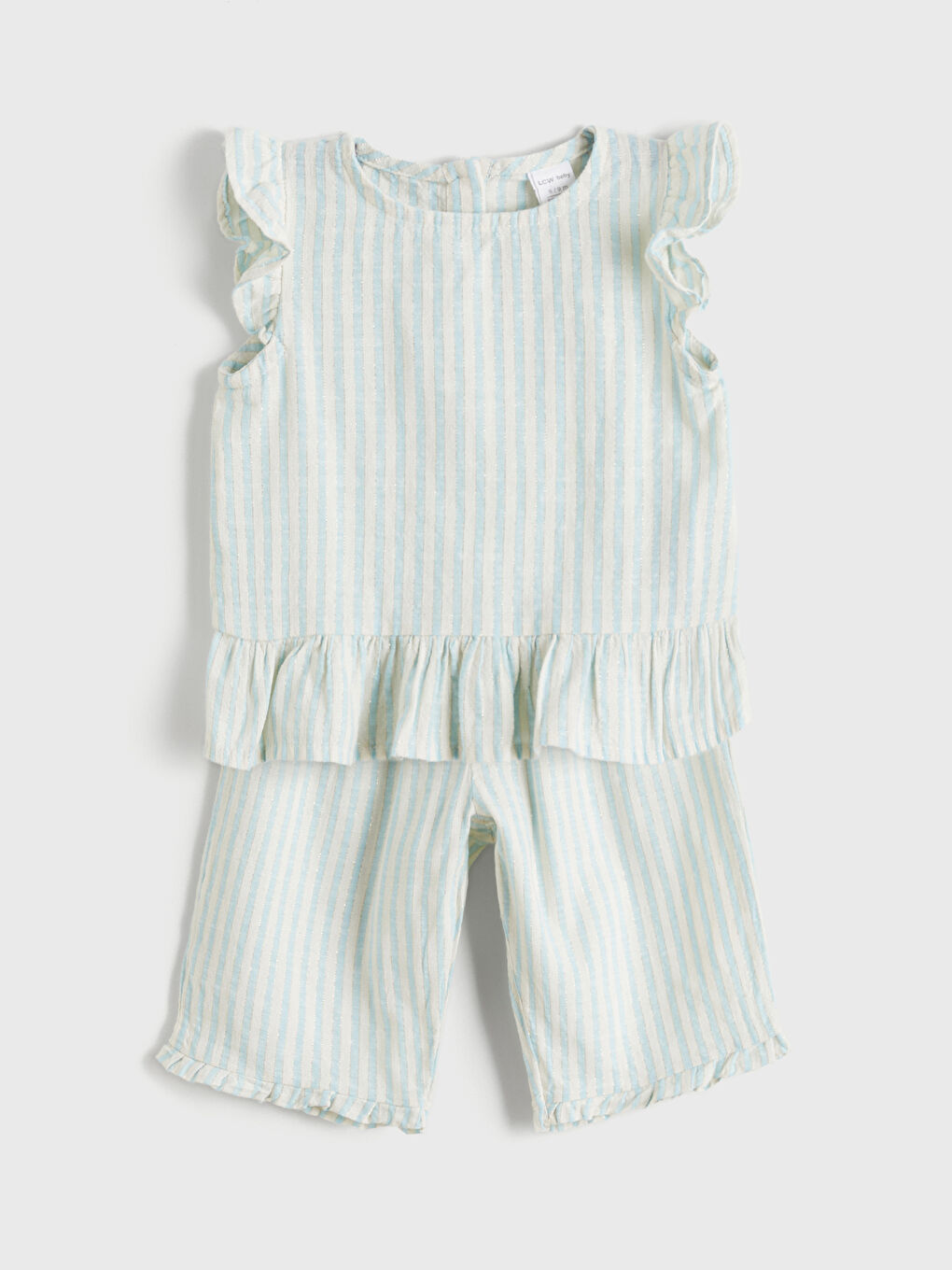 Mavi Fırfırlı Kız Bebek Müslin Bluz ve Pantolon