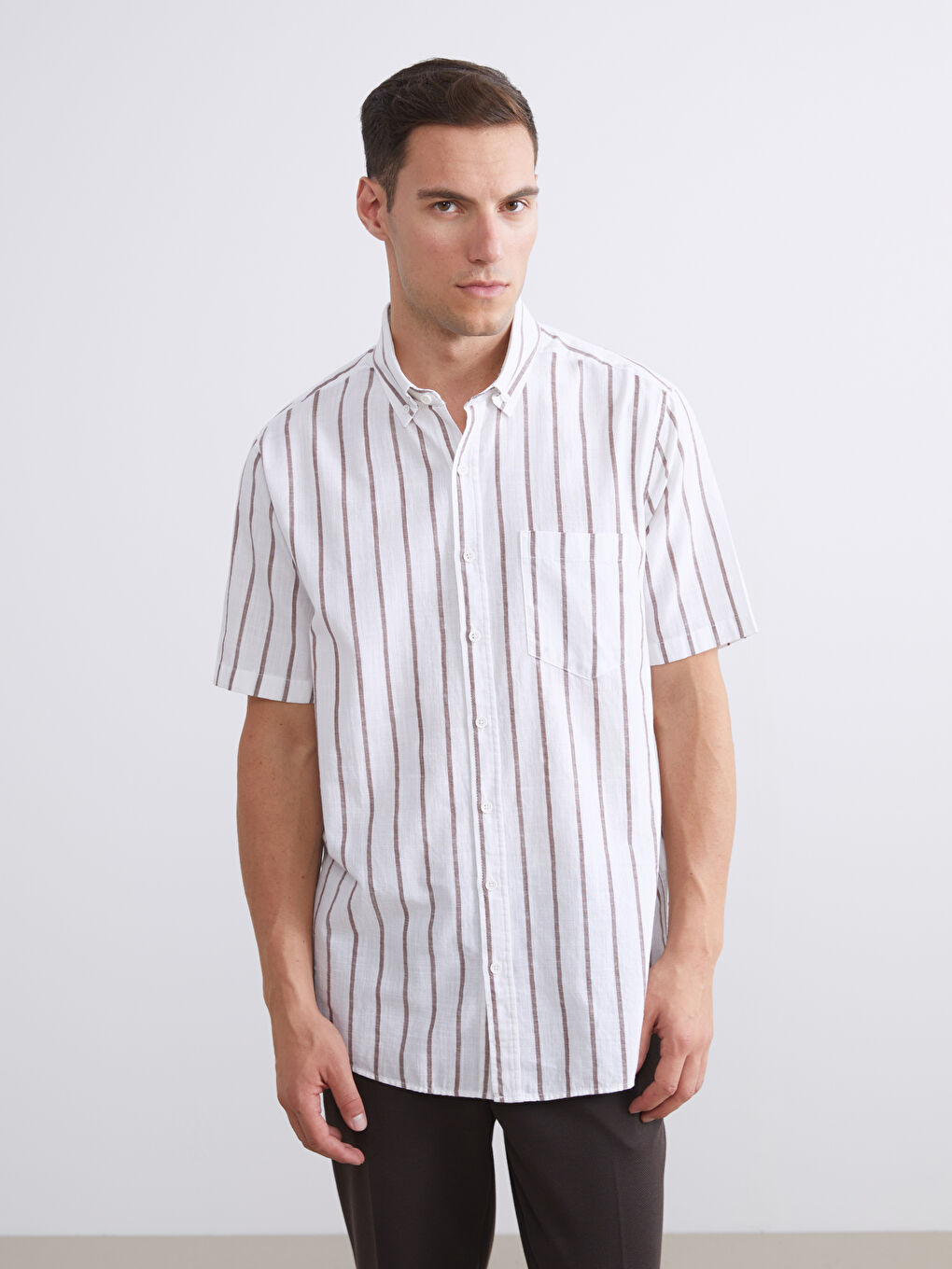 Kahverengi Regular Fit Çizgili Erkek Gömlek