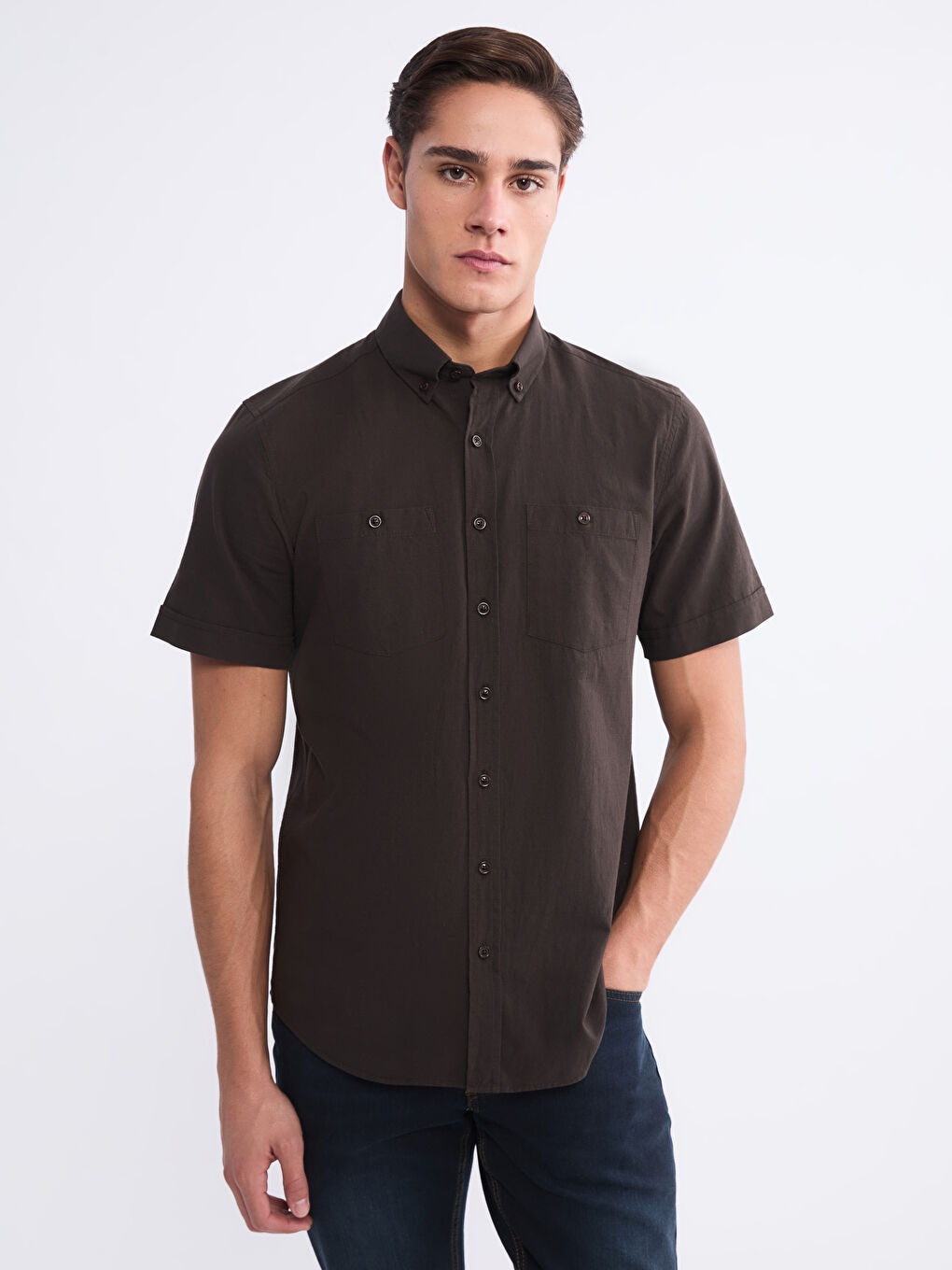 Kahverengi Regular Fit Kısa Kollu Erkek Gömlek