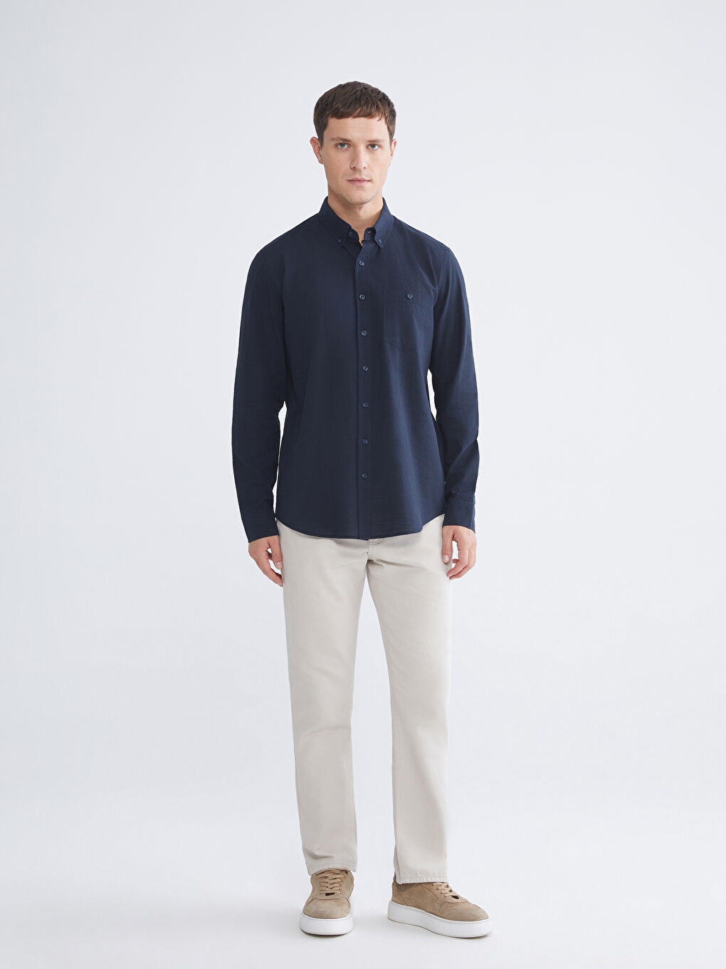 Lacivert Regular Fit Uzun Kollu Erkek Gömlek-1