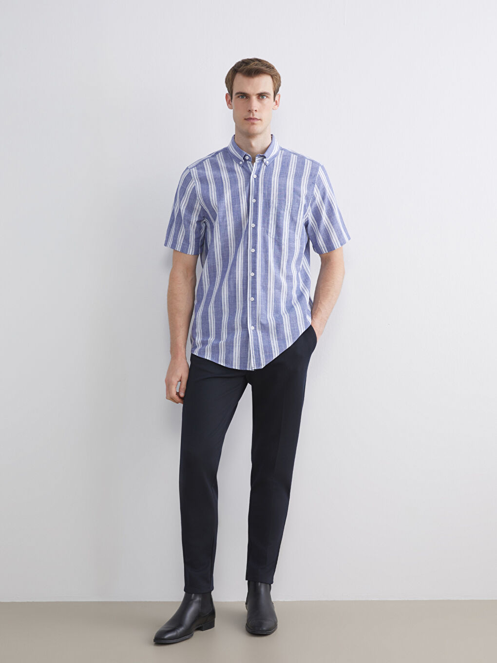 Lacivert Regular Fit Kısa Kollu Çizgili Erkek Gömlek-1