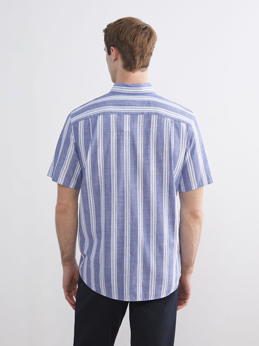 Lacivert Regular Fit Kısa Kollu Çizgili Erkek Gömlek-3