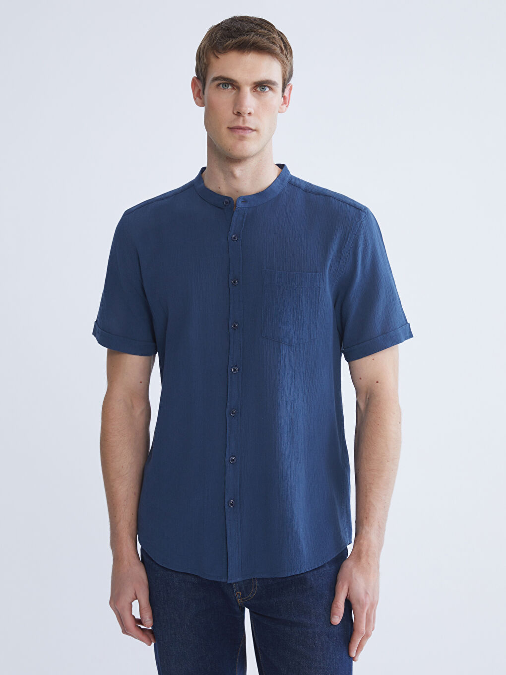 Lacivert Regular Fit Hakim Yaka Kısa Kollu Erkek Gömlek