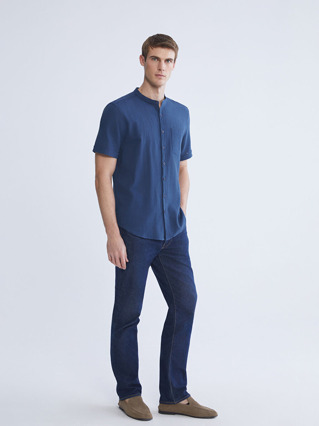Lacivert Regular Fit Hakim Yaka Kısa Kollu Erkek Gömlek-1