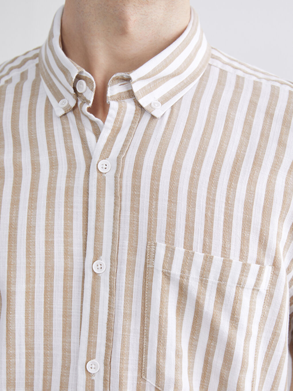 Bej Regular Fit Kısa Kollu Çizgili Erkek Gömlek-2