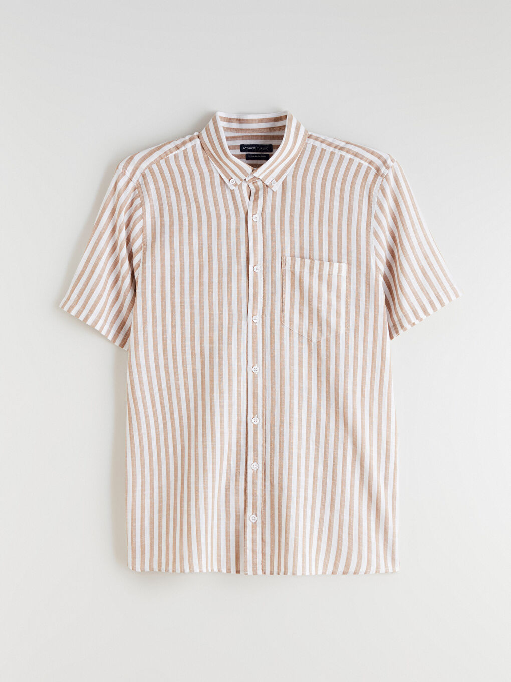 Bej Regular Fit Kısa Kollu Çizgili Erkek Gömlek-4