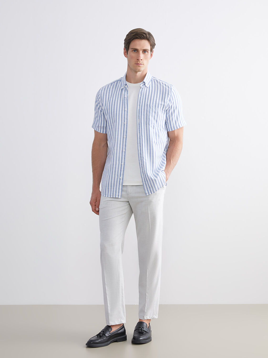 Mavi Regular Fit Kısa Kollu Çizgili Erkek Gömlek-1