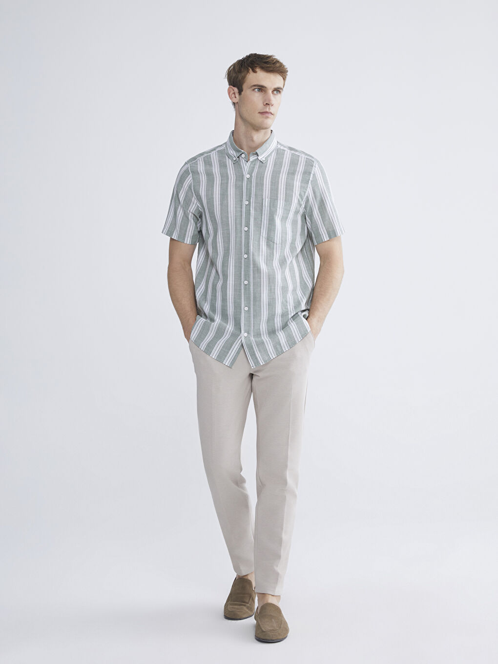 Yeşil Regular Fit Kısa Kollu Çizgili Erkek Gömlek-1