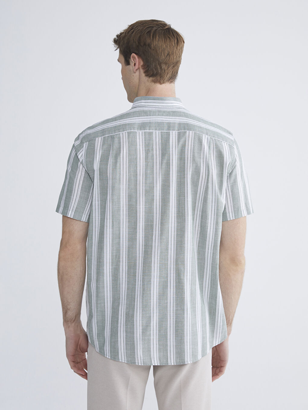 Yeşil Regular Fit Kısa Kollu Çizgili Erkek Gömlek-3