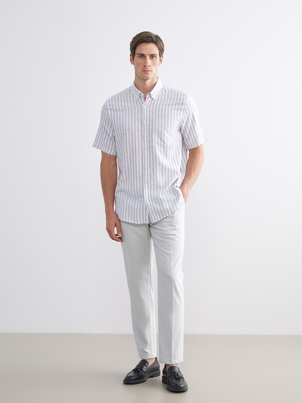 Gri Regular Fit Kısa Kollu Çizgili Erkek Gömlek-1