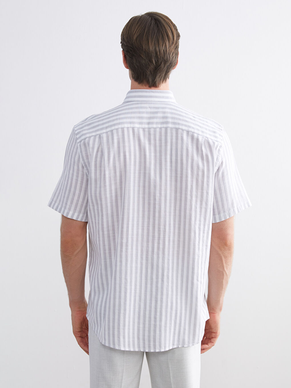 Gri Regular Fit Kısa Kollu Çizgili Erkek Gömlek-3