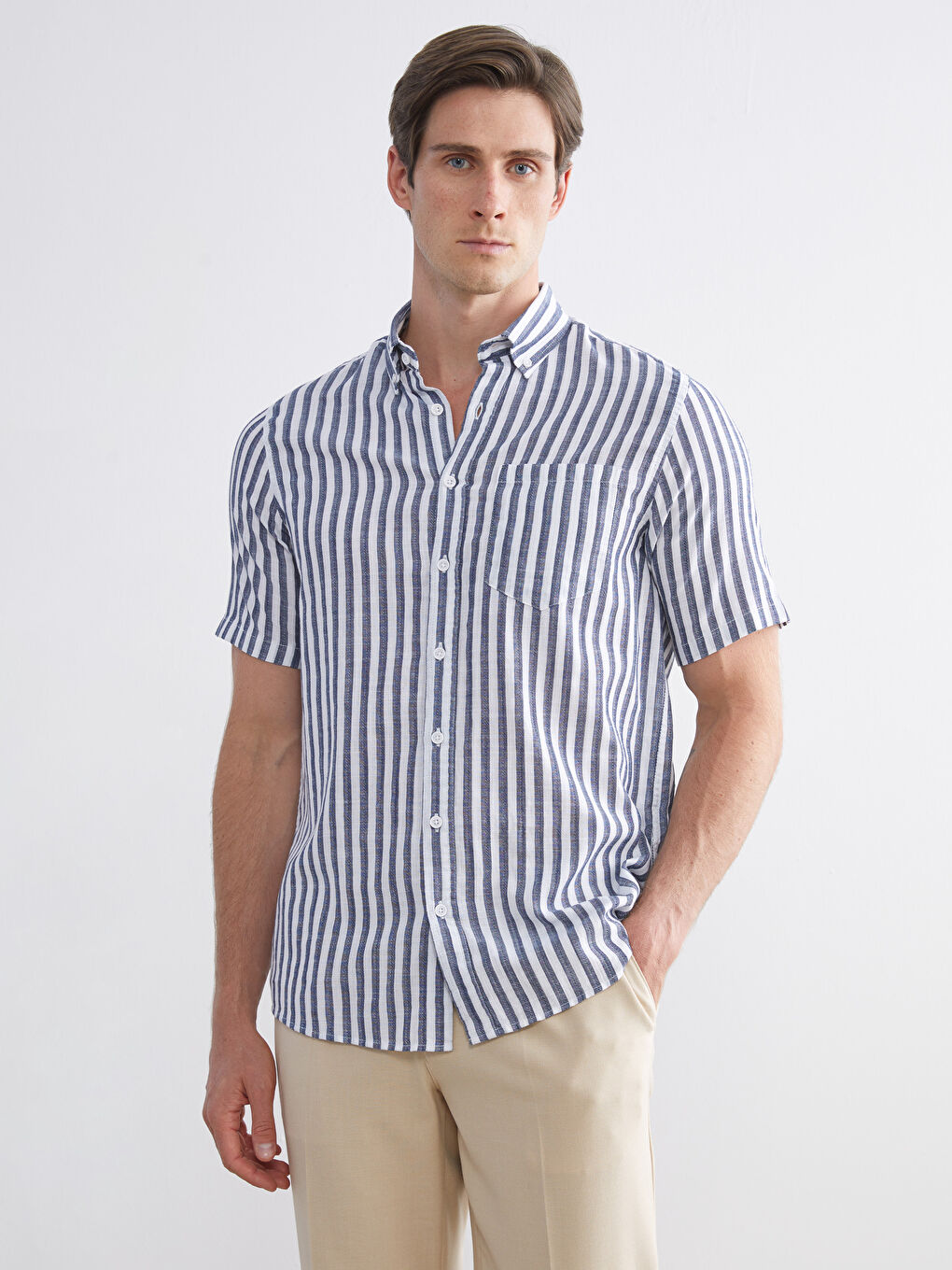 Lacivert Regular Fit Kısa Kollu Çizgili Erkek Gömlek