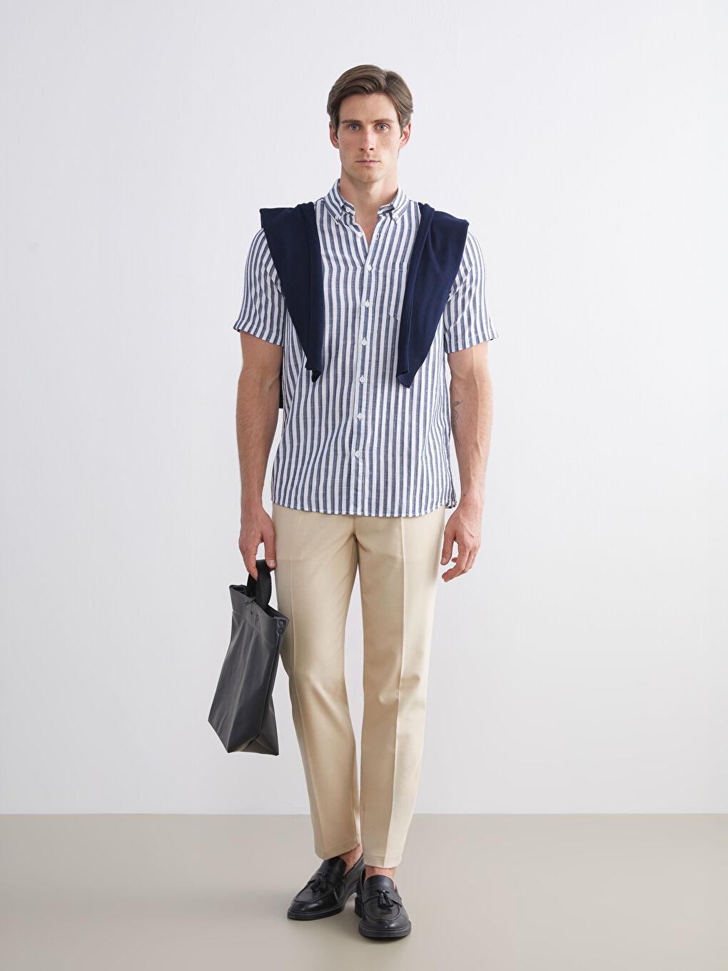 Lacivert Regular Fit Kısa Kollu Çizgili Erkek Gömlek-1