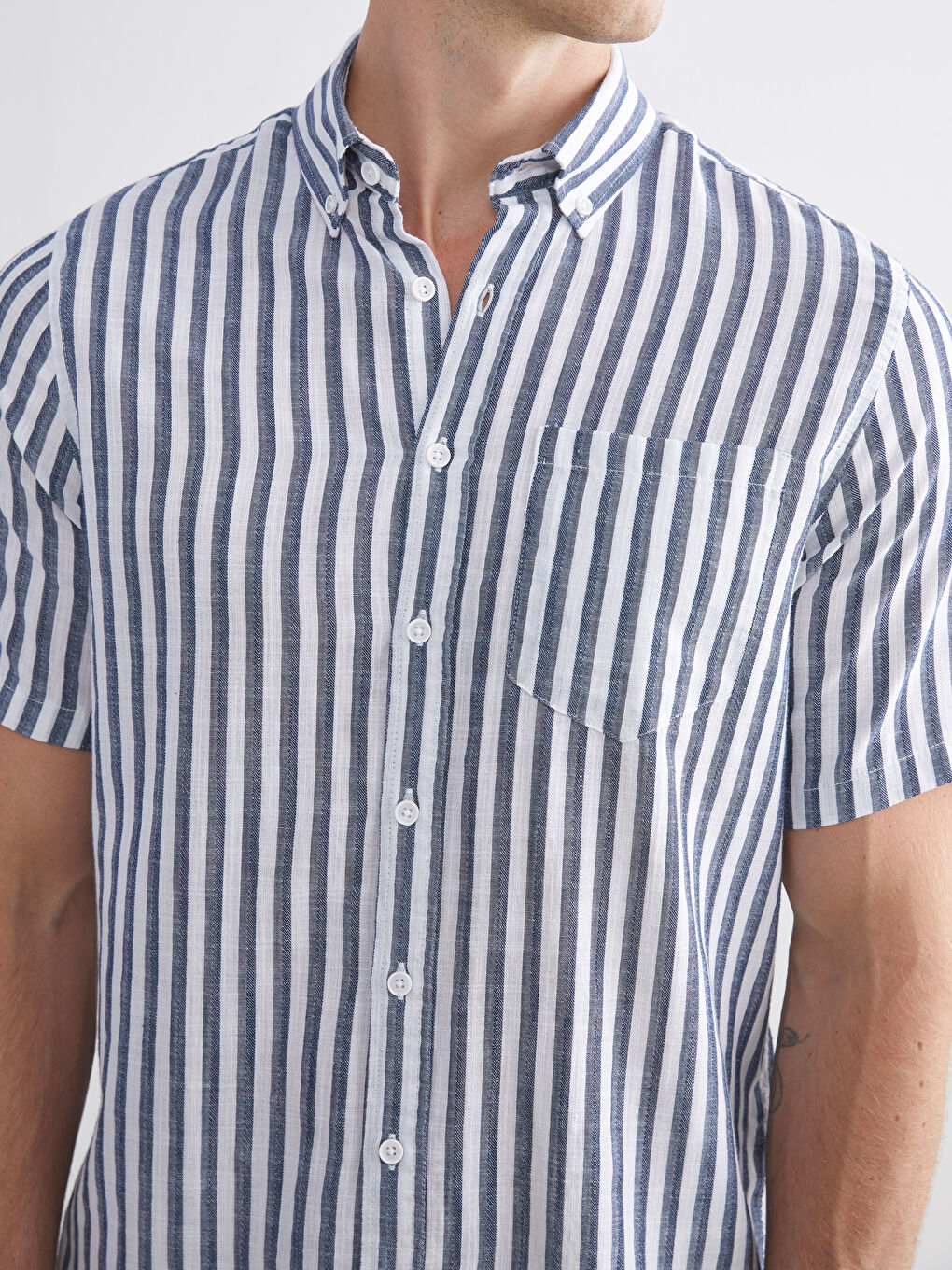 Lacivert Regular Fit Kısa Kollu Çizgili Erkek Gömlek-2