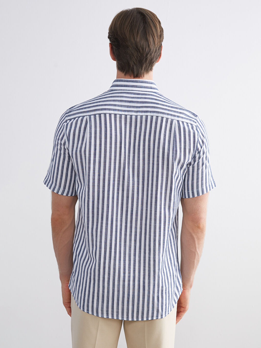 Lacivert Regular Fit Kısa Kollu Çizgili Erkek Gömlek-3