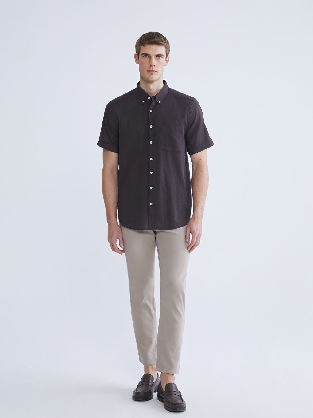 Kahverengi Regular Fit Kısa Kollu Erkek Gömlek-1