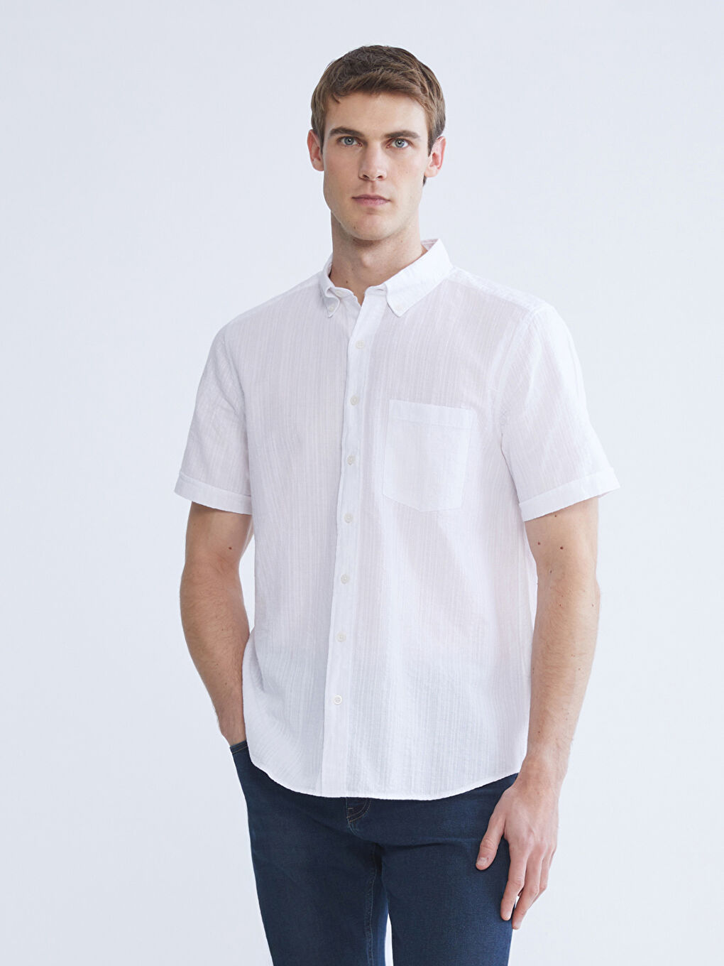 Beyaz Regular Fit Kısa Kollu Erkek Gömlek