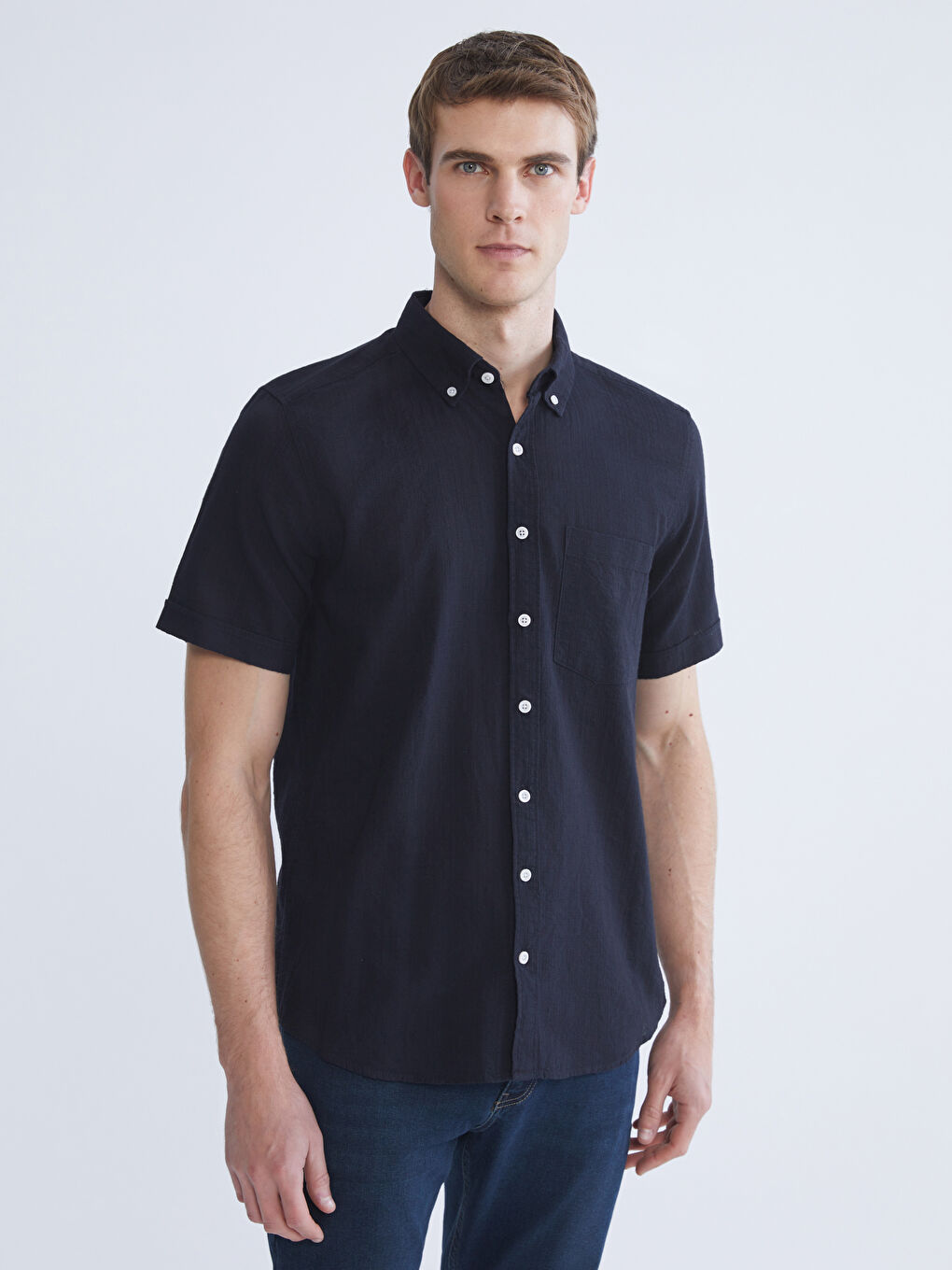 Lacivert Regular Fit Kısa Kollu Erkek Gömlek