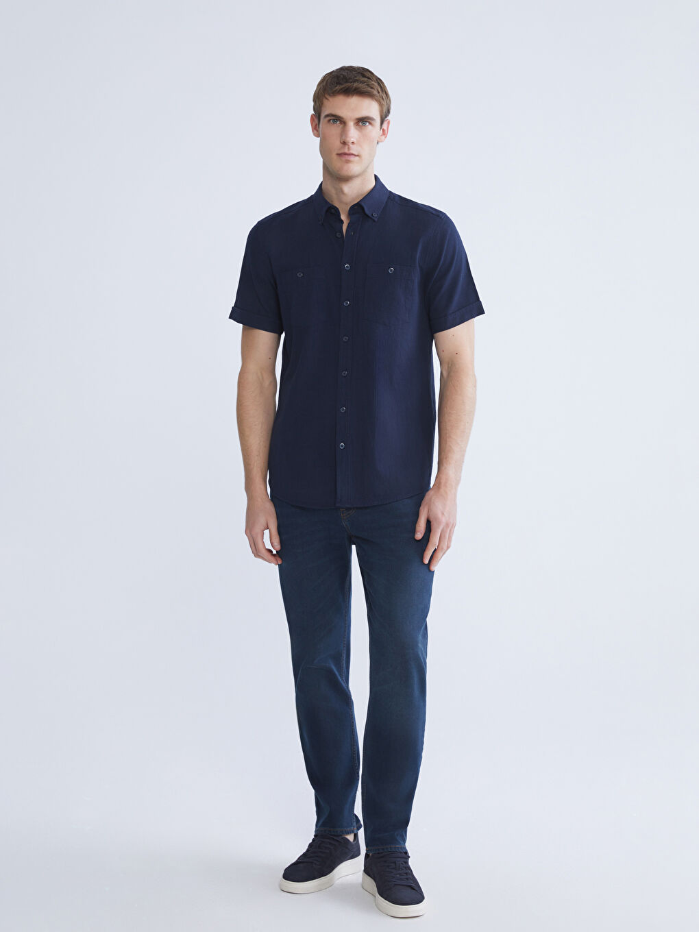 Lacivert Regular Fit Kısa Kollu Erkek Dokulu Gömlek-1