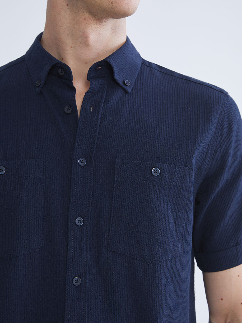 Lacivert Regular Fit Kısa Kollu Erkek Dokulu Gömlek-2