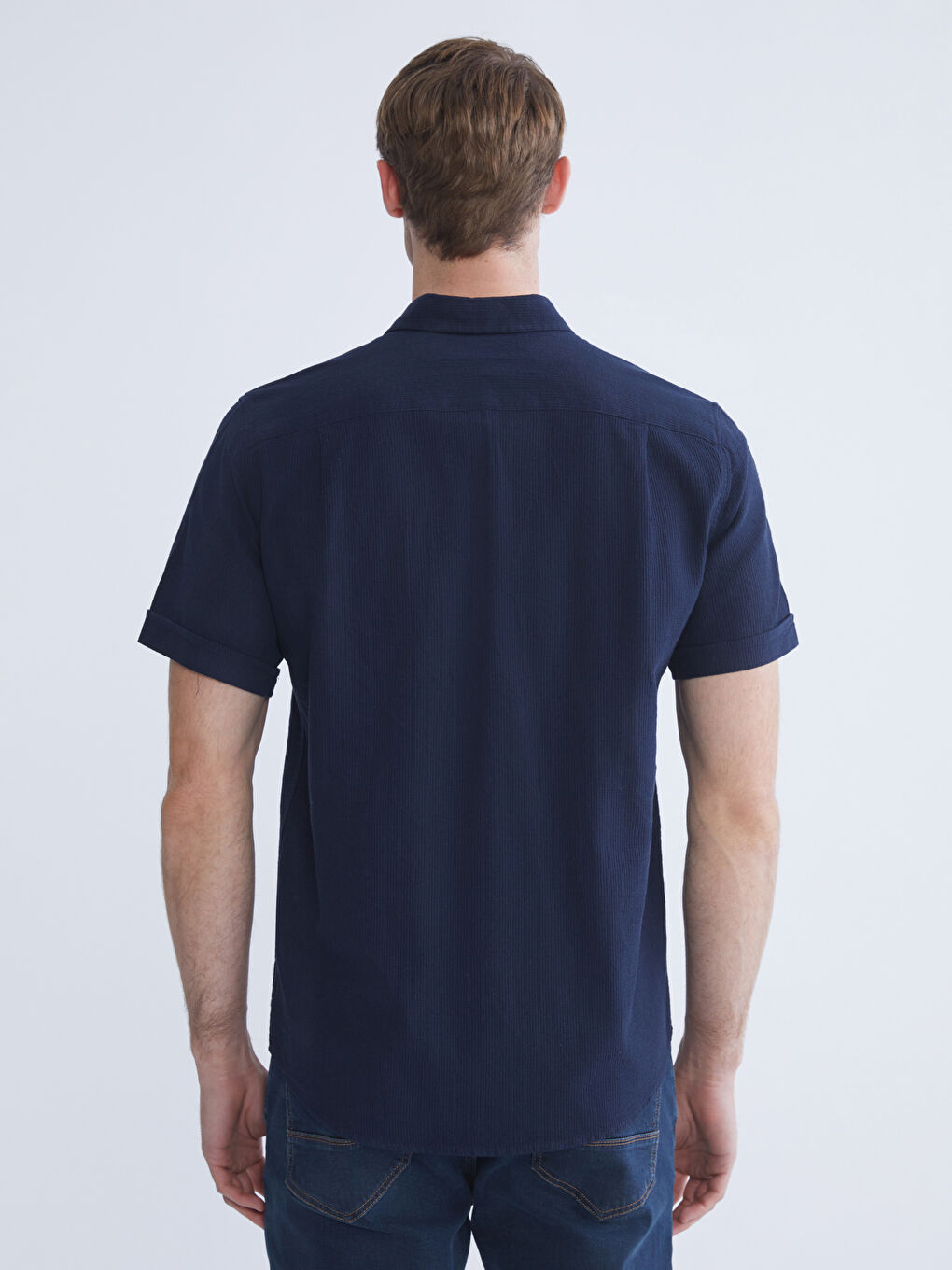 Lacivert Regular Fit Kısa Kollu Erkek Dokulu Gömlek-3