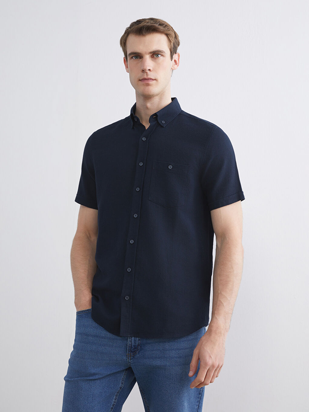 Lacivert Regular Fit Kısa Kollu Erkek Gömlek