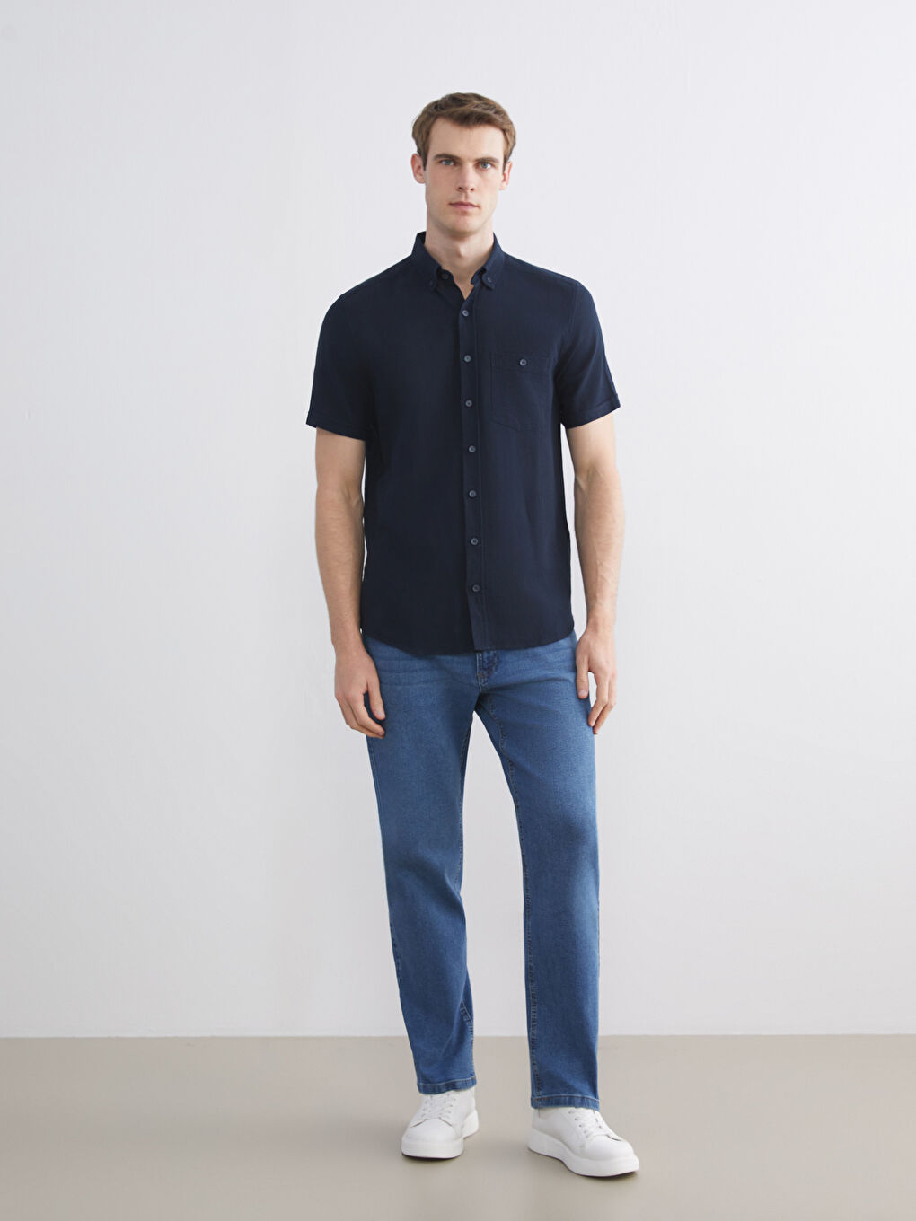 Lacivert Regular Fit Kısa Kollu Erkek Gömlek-1