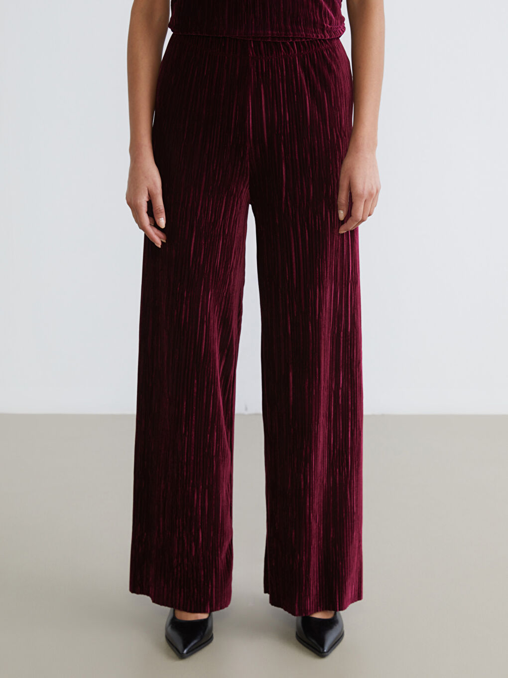 Mürdüm Beli Lastikli Dokulu Kadın Pantolon-1