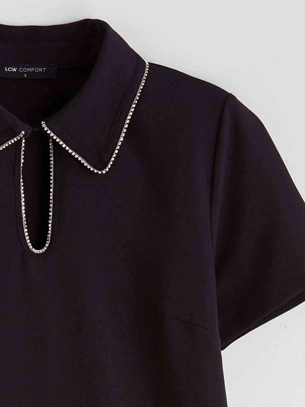 Siyah Gömlek Yaka Taşlı Mini Elbise-4