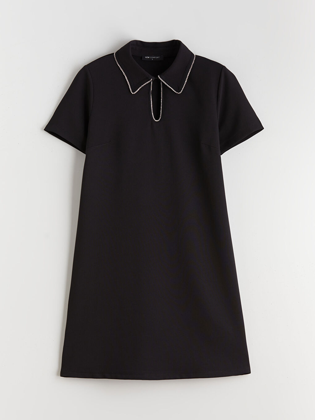 Siyah Gömlek Yaka Taşlı Mini Elbise-5