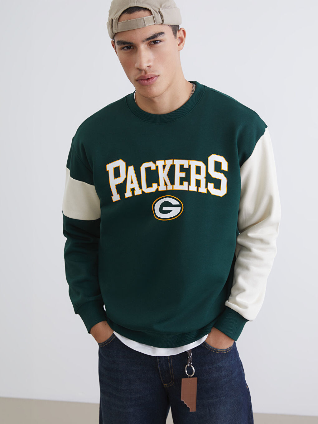 Yeşil Bisiklet Yaka Nfl Baskılı Erkek Kalın Sweatshirt